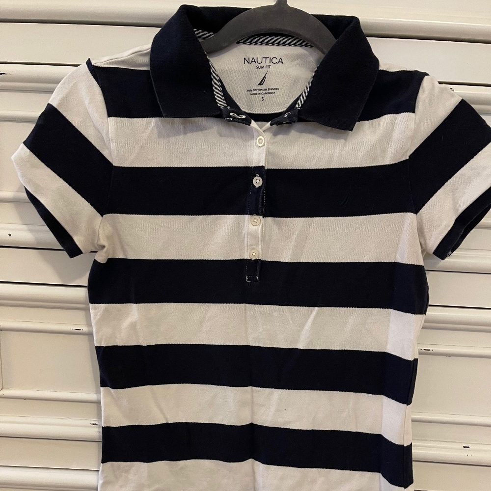Nautica Navy Blue and White Collared Shirt - Size Small